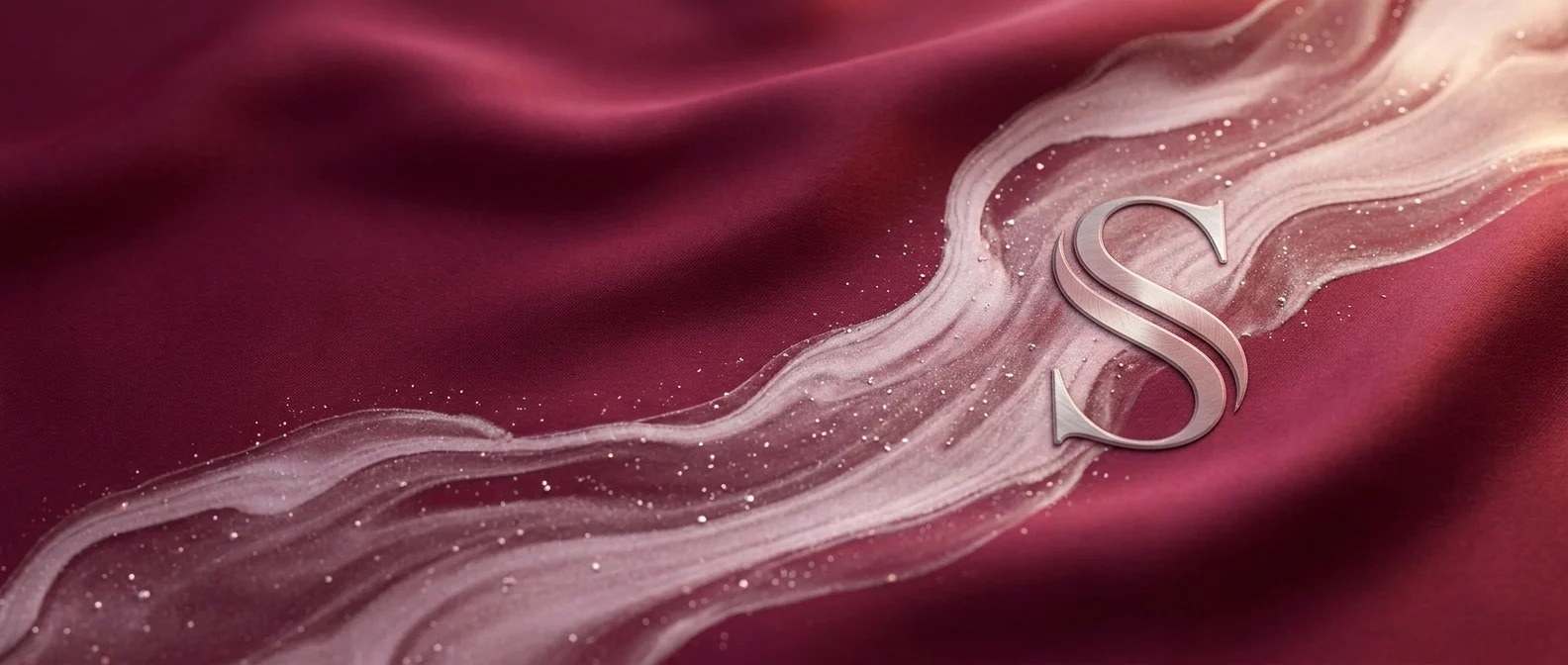 A shimmering letter 'S' flows across a rich burgundy silk background, showcasing elegant graphic design.